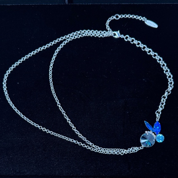 JOOMI LIM Silver Necklace Blue Crystal Accents Asymmetrical Double Chain Goth